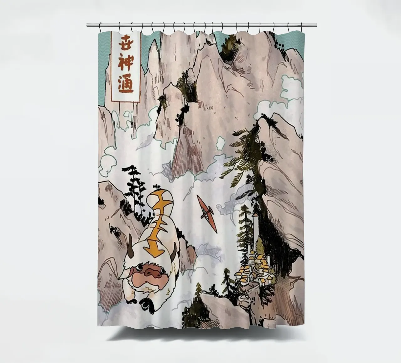 Appa In The Mountain shower curtain by Waylons Studio