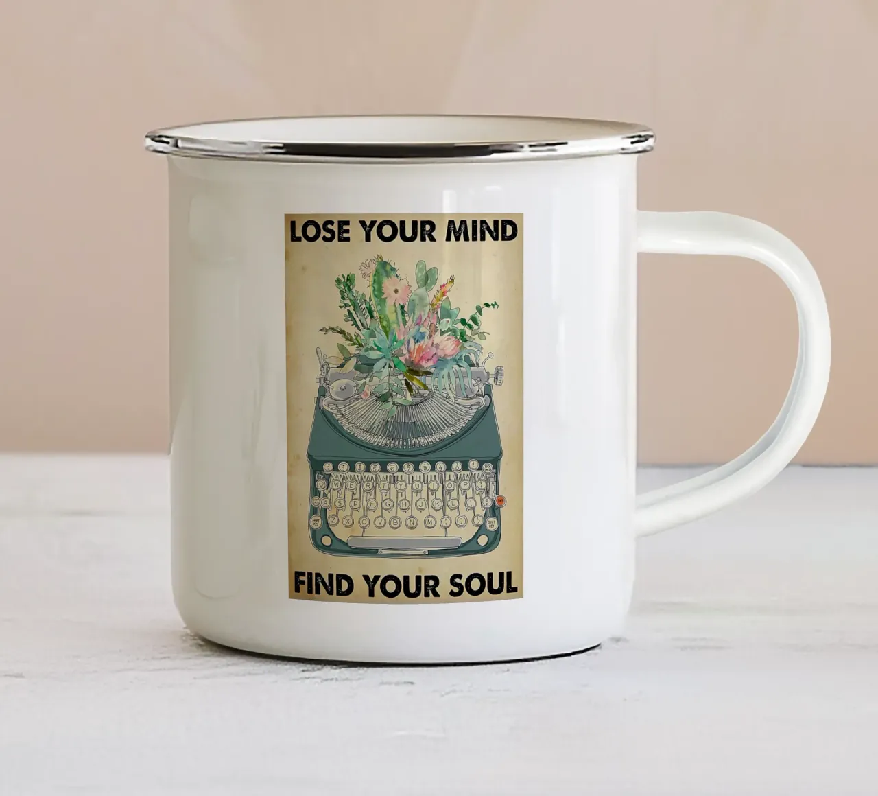 Macchina da scrivere, Perdi la tua mente trova la tua anima tazza in smalto da Aaronshop