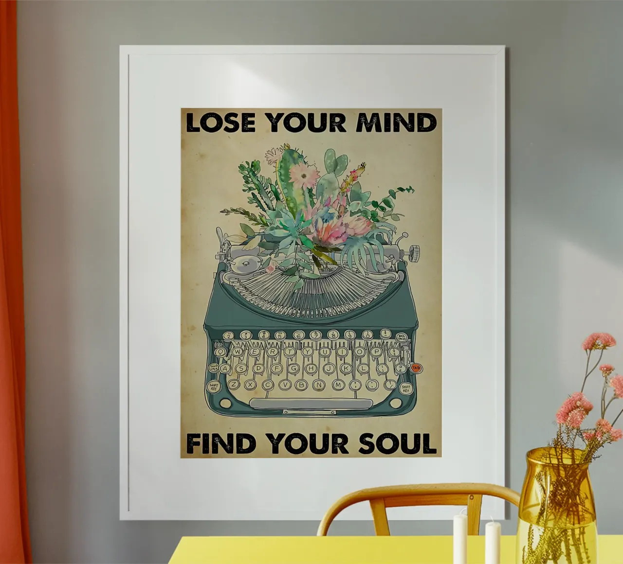 Macchina da scrivere, Perdi la tua mente trova la tua anima poster con telaio in alluminio da Aaronshop