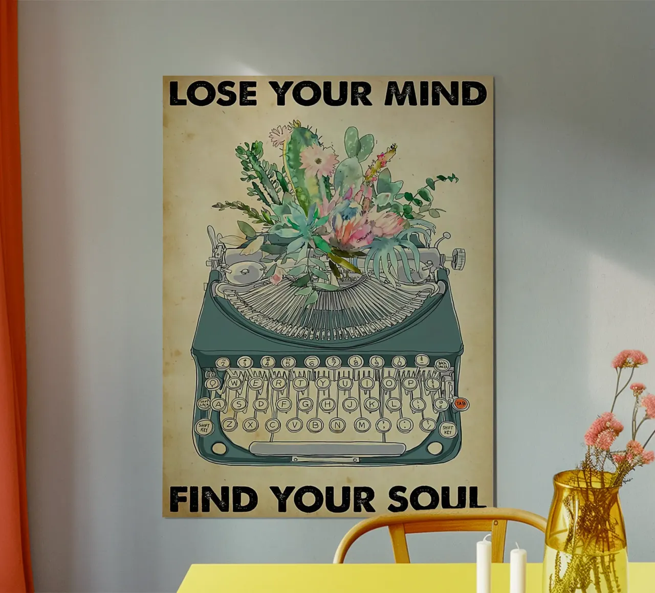 Macchina da scrivere, Perdi la tua mente trova la tua anima poster con telaio in alluminio da Aaronshop