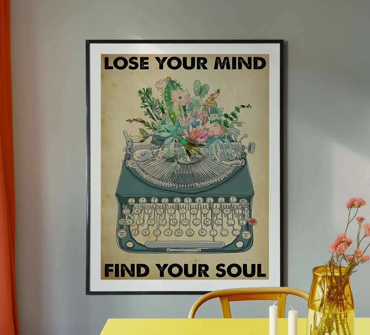 Macchina da scrivere, Perdi la tua mente trova la tua anima poster con telaio in alluminio da Aaronshop