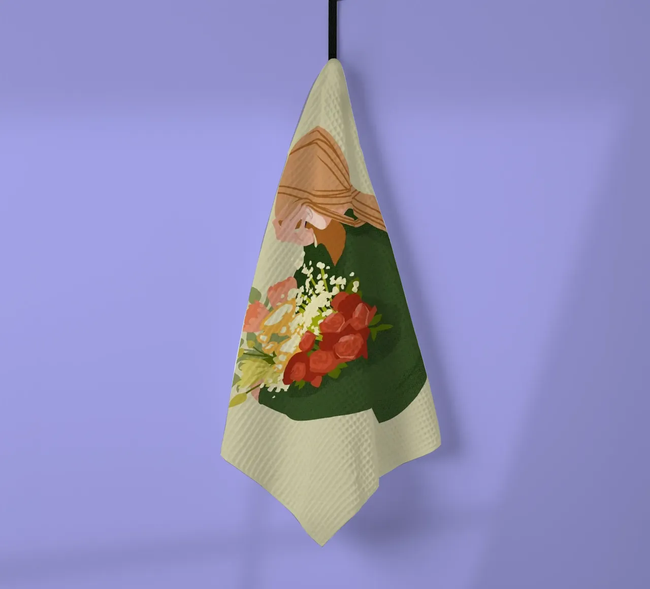 donna con fiori in mano canovaccio da cucina da John C Labut