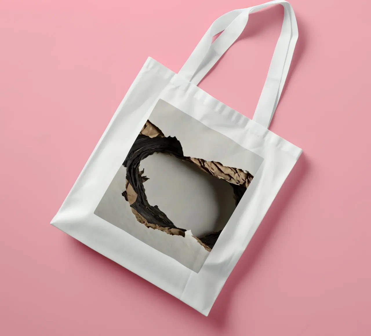 Un grande foro irregolare in una parete bianca rivela carta strappata. borsa in juta da DesignDoodle
