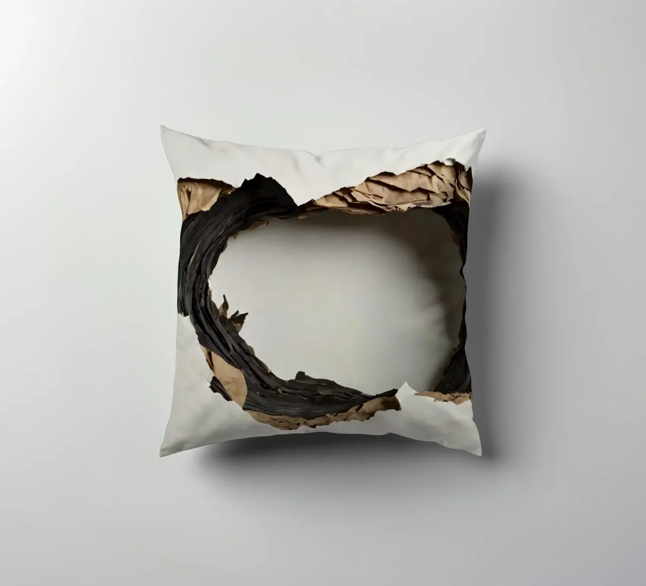 Un grande foro irregolare in una parete bianca rivela carta strappata. cuscino da DesignDoodle