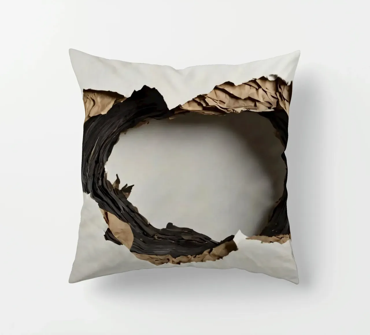Un grande foro irregolare in una parete bianca rivela carta strappata. cuscino da DesignDoodle