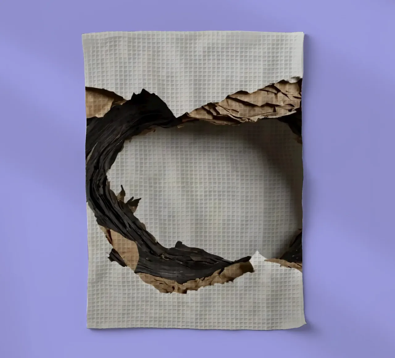 Un grande foro irregolare in una parete bianca rivela carta strappata. canovaccio da cucina da DesignDoodle