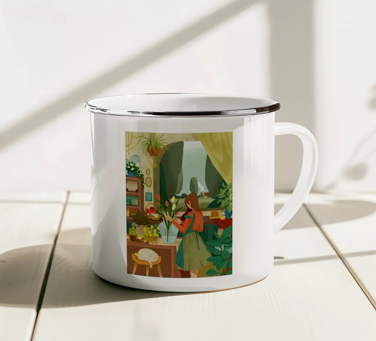ragazza agghiacciante con fiore tazza in smalto da John C Labut