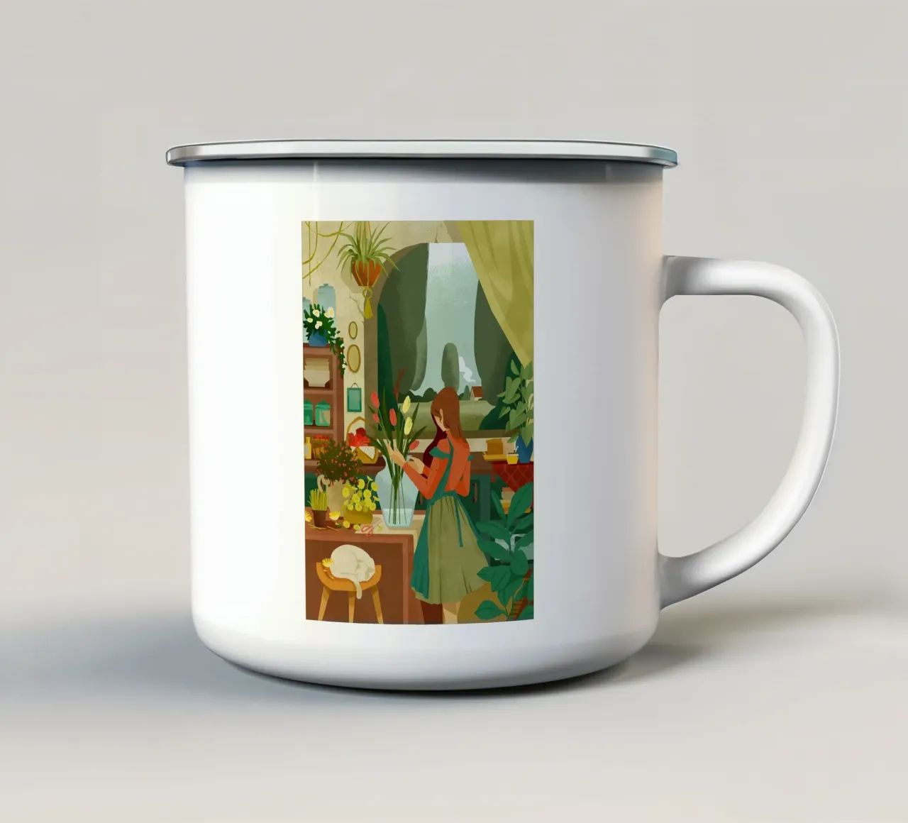 ragazza agghiacciante con fiore tazza in smalto da John C Labut
