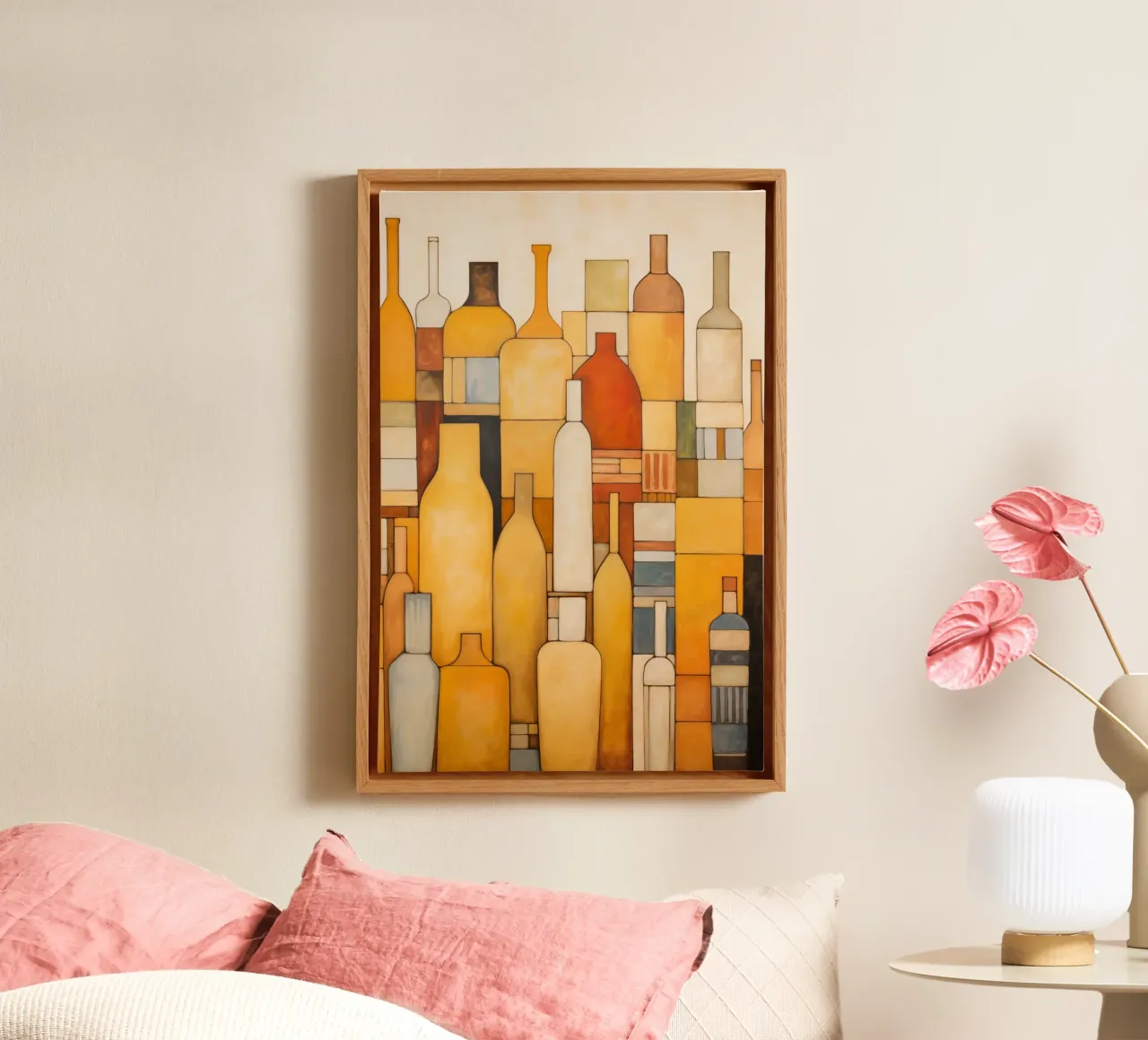 Flessen abstract canvas met Baklijst van Imagine