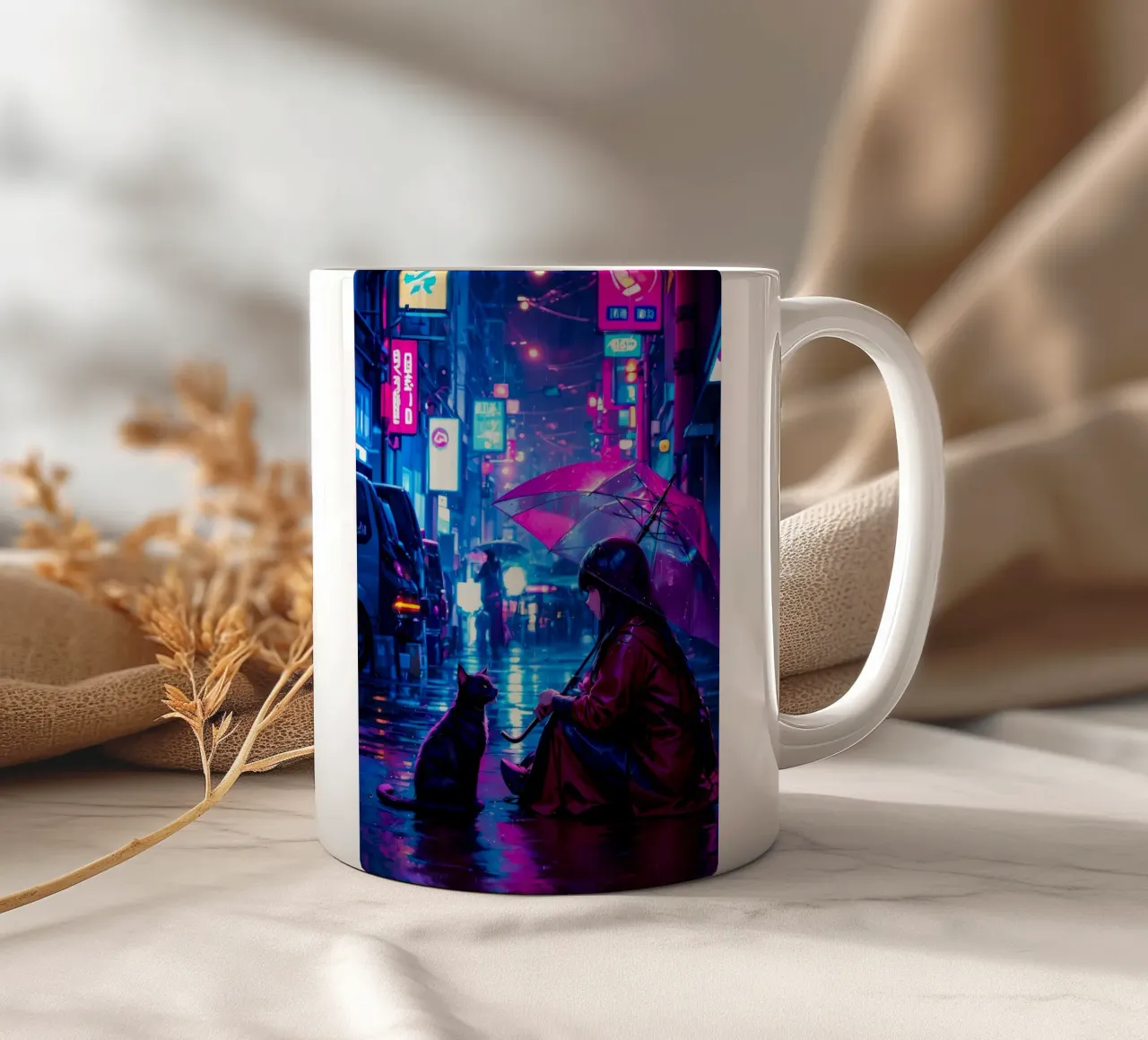 city night rain woman cat umbrella ceramic mug by Ashish Kashyap