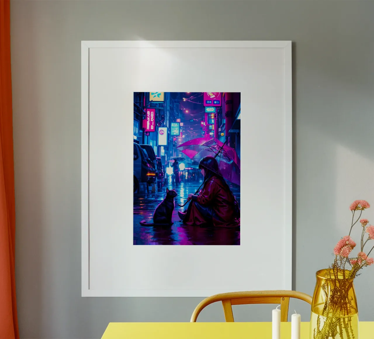 città notte pioggia donna gatto ombrello poster con telaio in plastica da Ashish Kashyap
