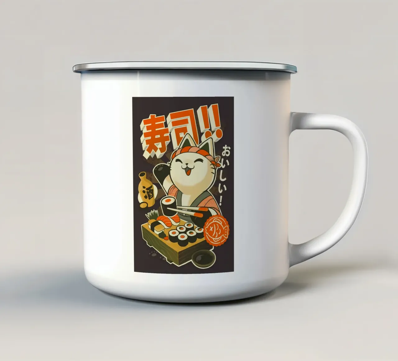 gatto sushi nigiri makizushi sake pesce bacchette tazza in smalto da Ashish Kashyap