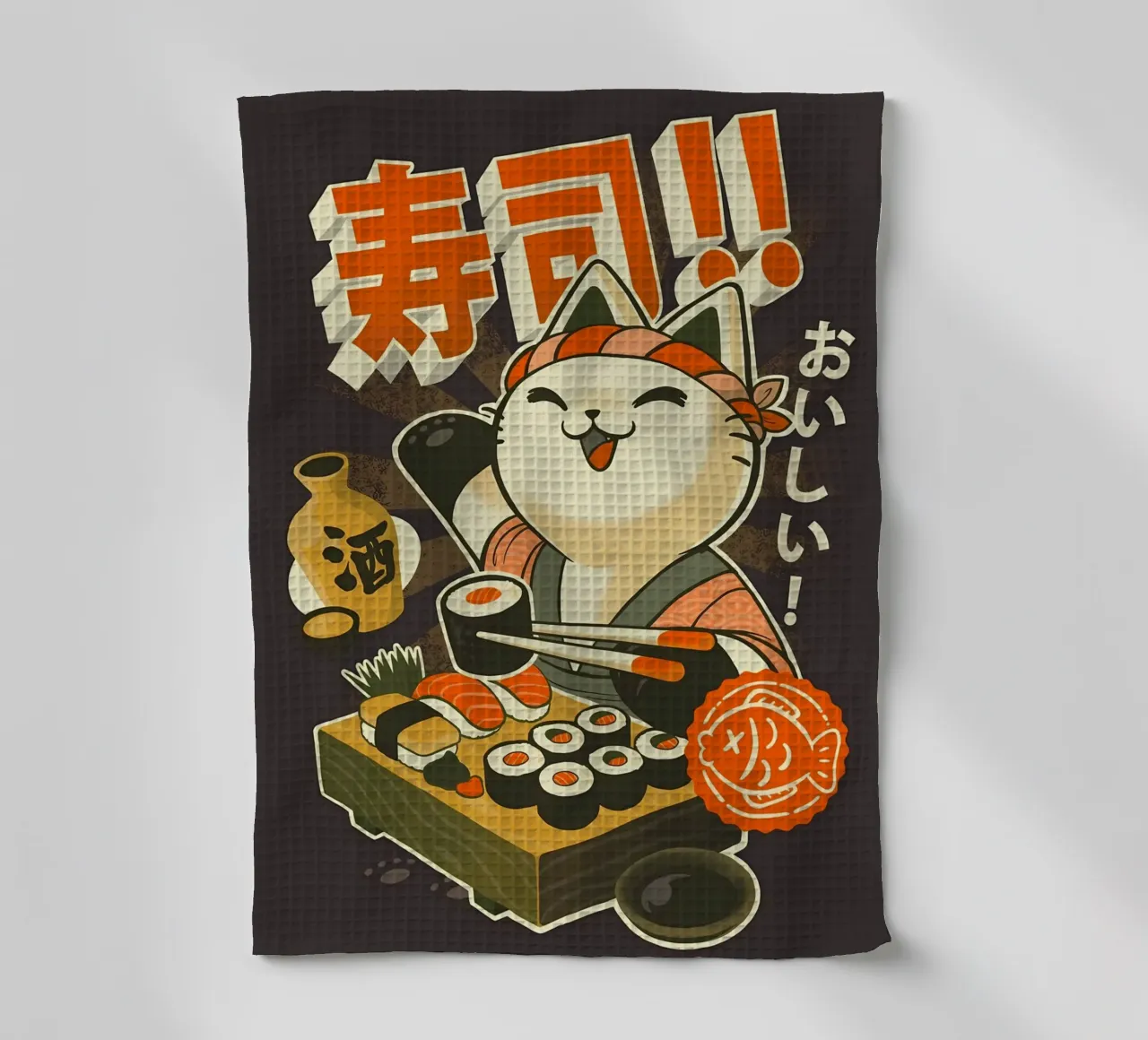 cat sushi nigiri makizushi sake fish chopsticks tea towel by Ashish Kashyap