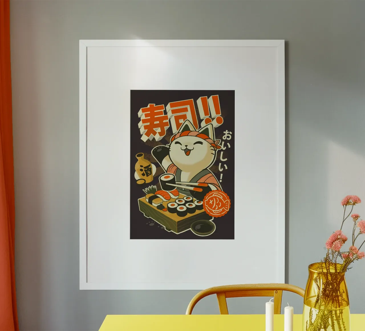 gatto sushi nigiri makizushi sake pesce bacchette poster con telaio in plastica da Ashish Kashyap