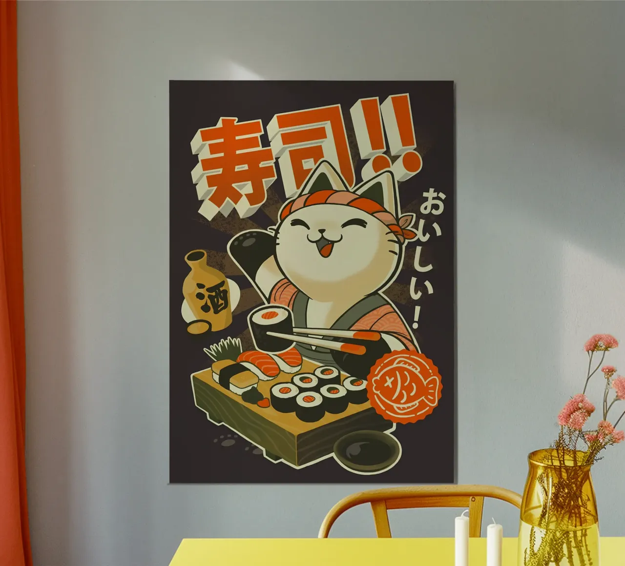 gatto sushi nigiri makizushi sake pesce bacchette poster con telaio in plastica da Ashish Kashyap
