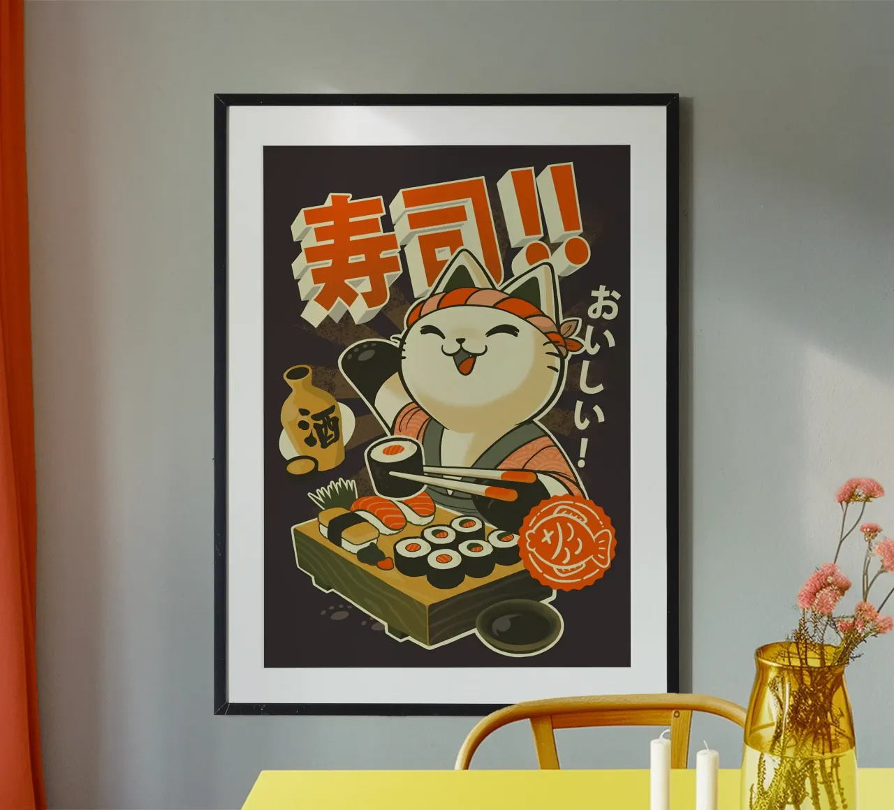 gatto sushi nigiri makizushi sake pesce bacchette poster con telaio in plastica da Ashish Kashyap