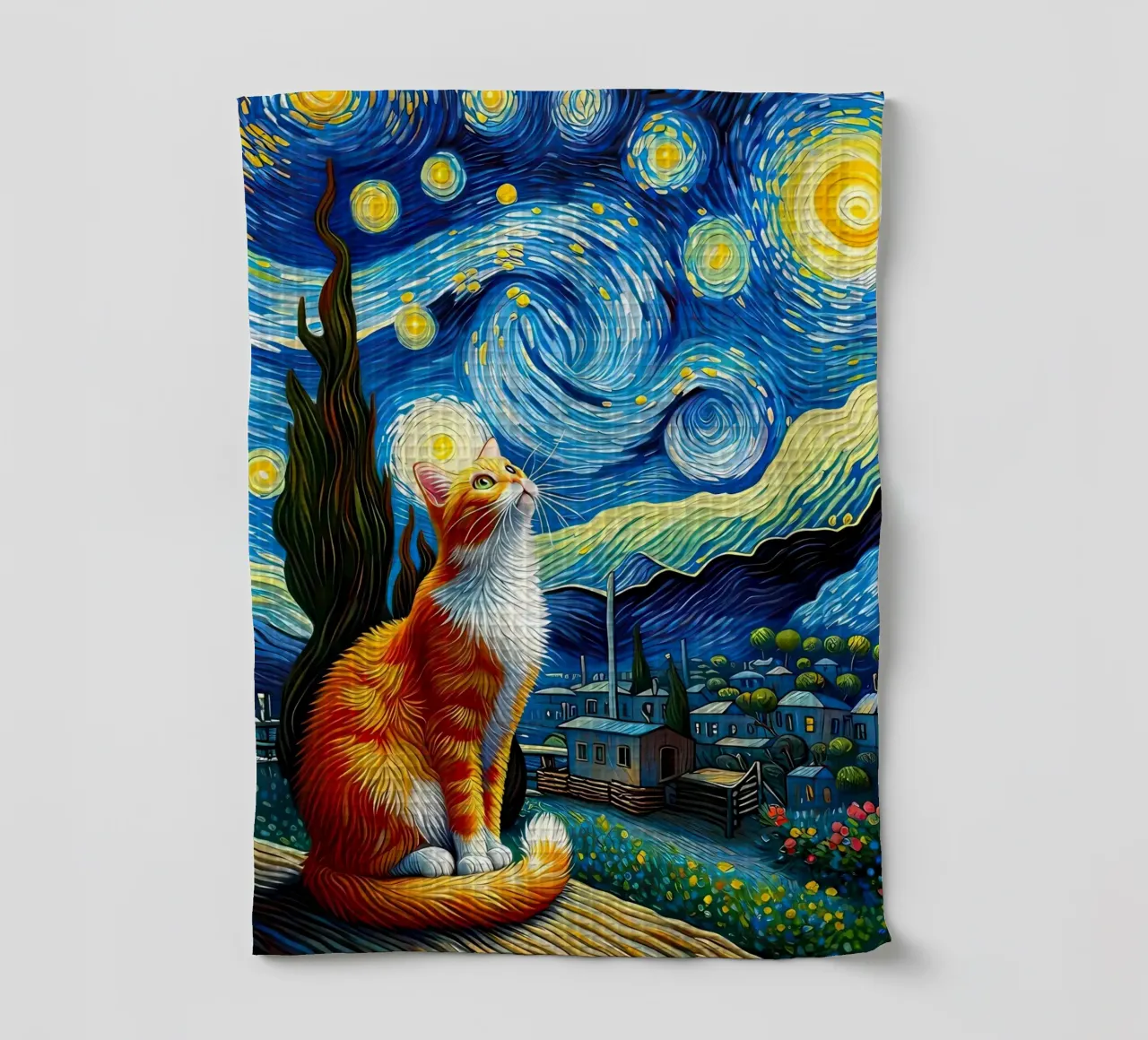 gatto stelle cielo notturno nuvole vorticose villaggio case canovaccio da cucina da Ashish Kashyap