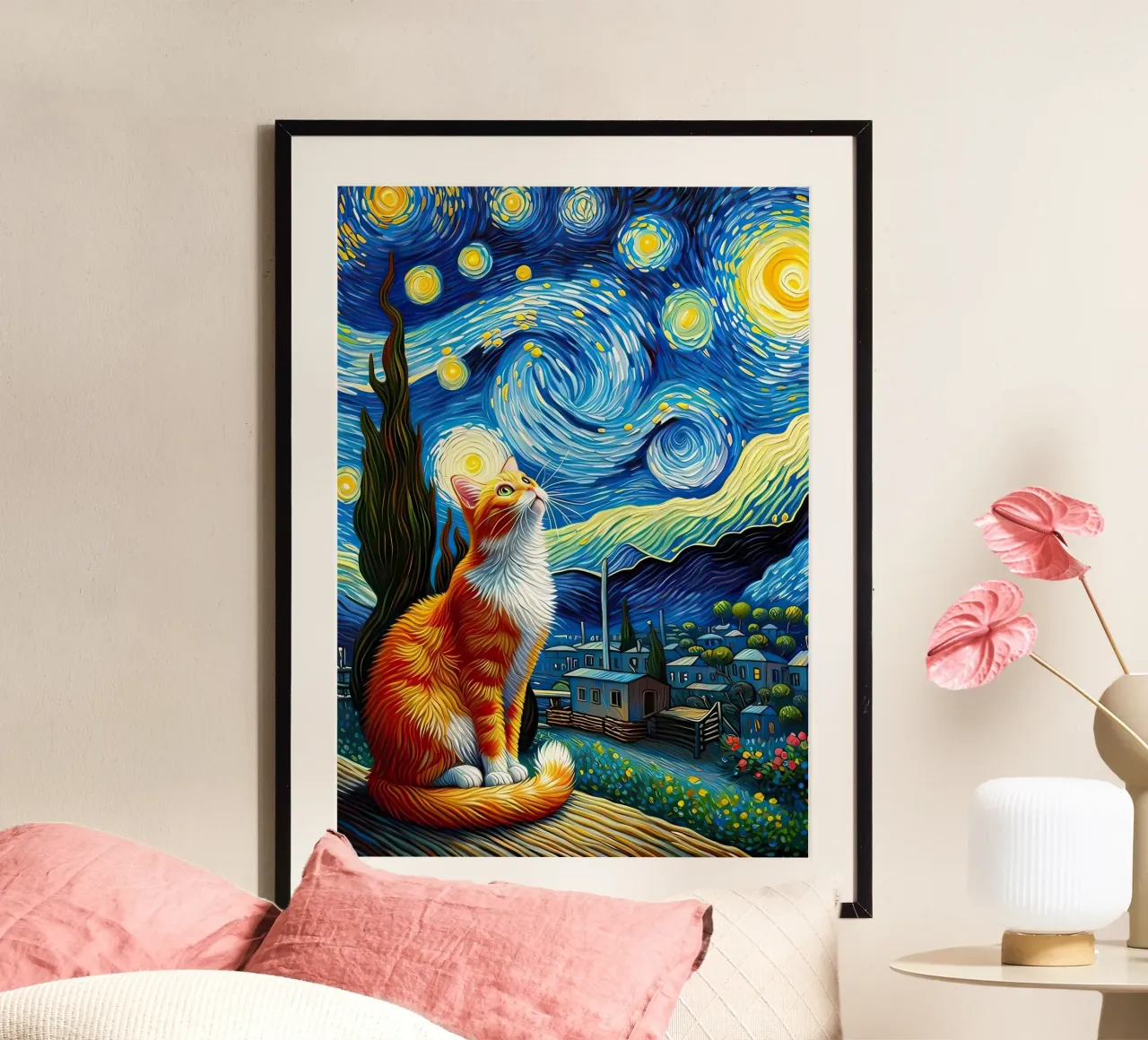 gatto stelle cielo notturno nuvole vorticose villaggio case poster con telaio in legno da Ashish Kashyap