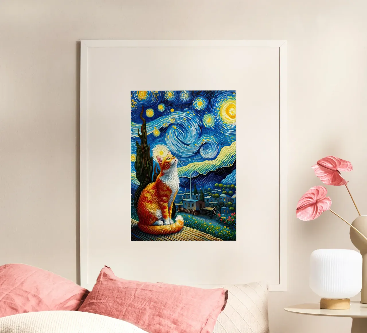 gatto stelle cielo notturno nuvole vorticose villaggio case poster con telaio in legno da Ashish Kashyap