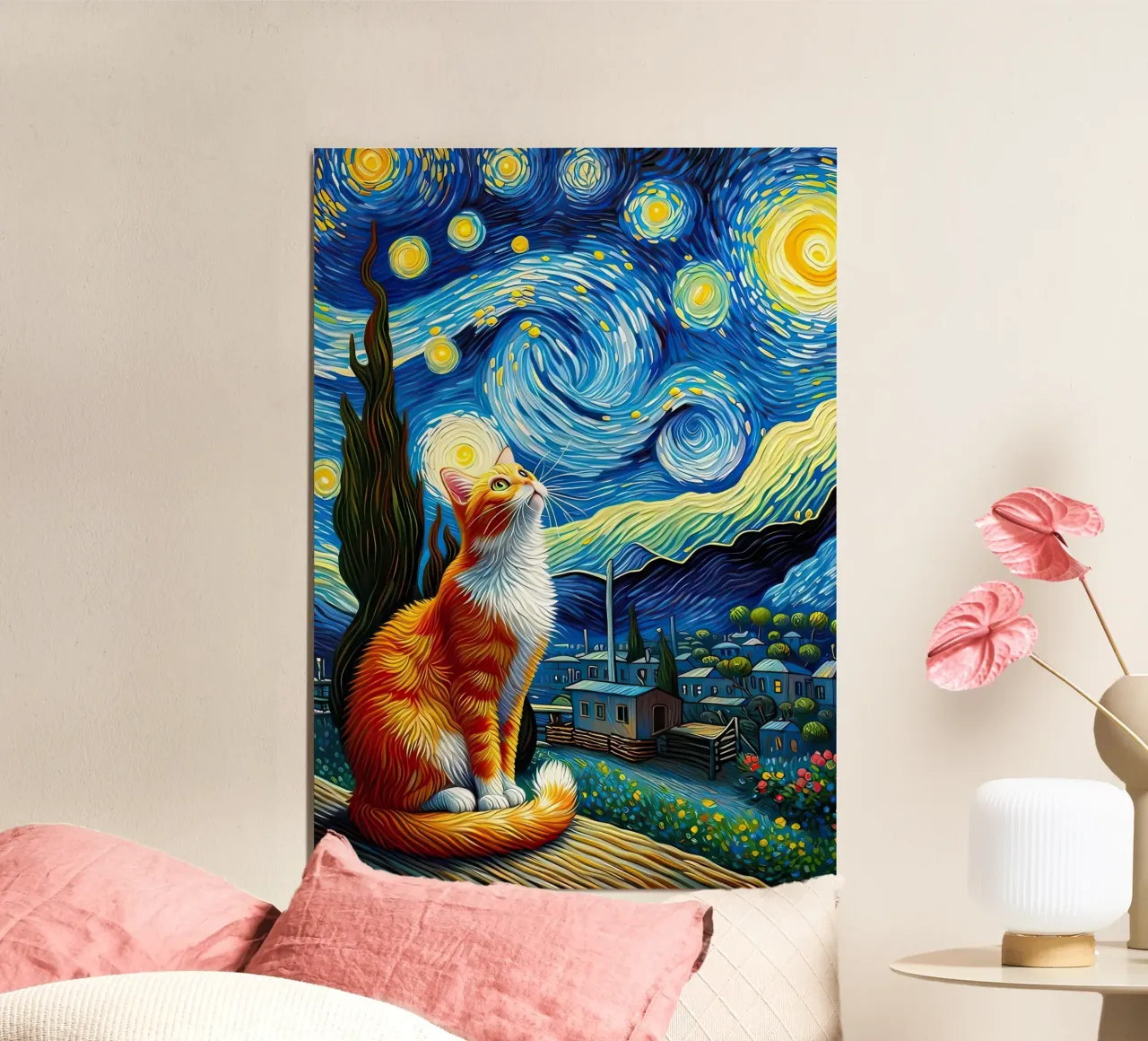gatto stelle cielo notturno nuvole vorticose villaggio case poster con telaio in legno da Ashish Kashyap