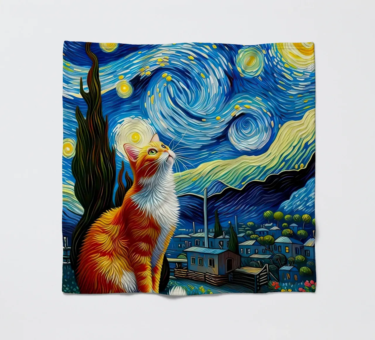 gatto stelle cielo notturno nuvole vorticose villaggio case coperta in pile da Ashish Kashyap