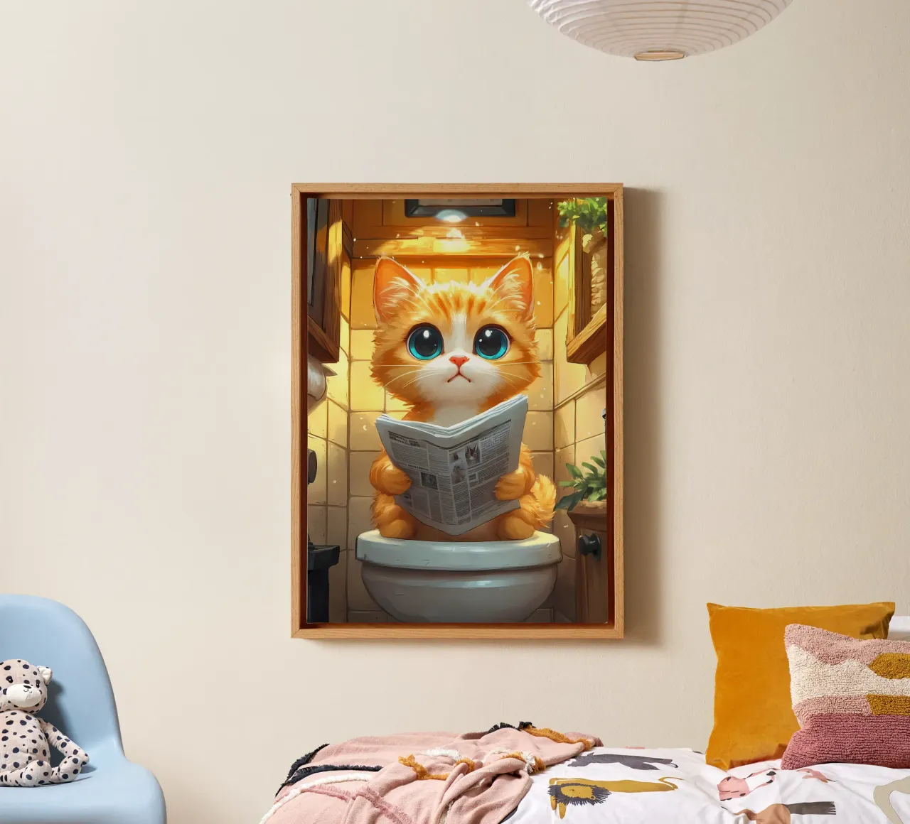 kat badkamer wc krant tegels oranje bont canvas met Baklijst van Ashish Kashyap