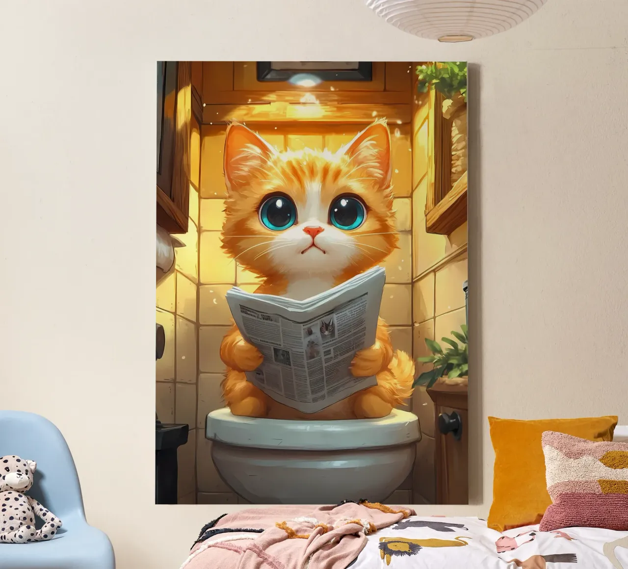 kat badkamer wc krant tegels oranje bont canvas met Baklijst van Ashish Kashyap