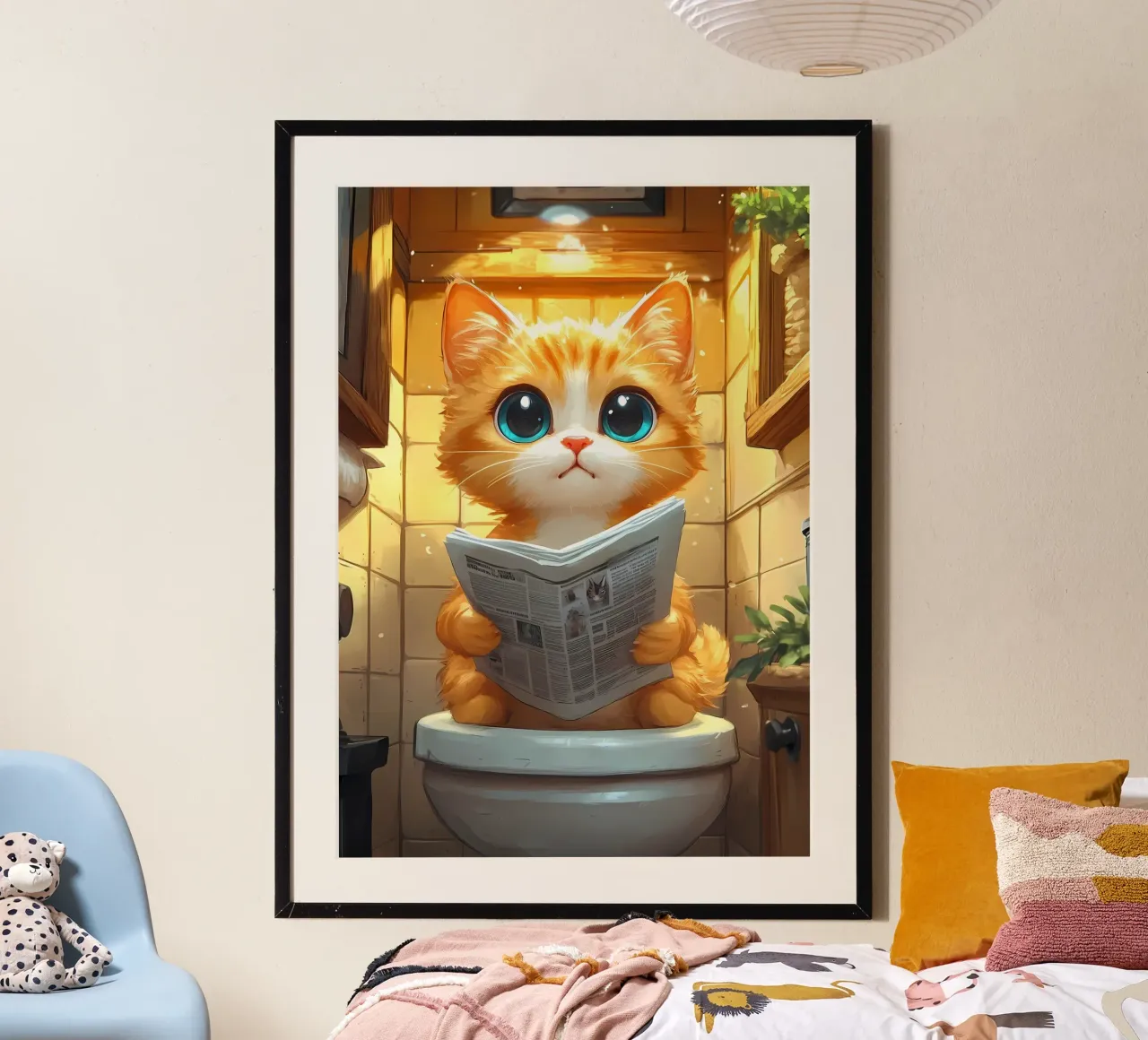 gatto bagno giornale piastrelle pelliccia arancione poster con telaio in legno da Ashish Kashyap