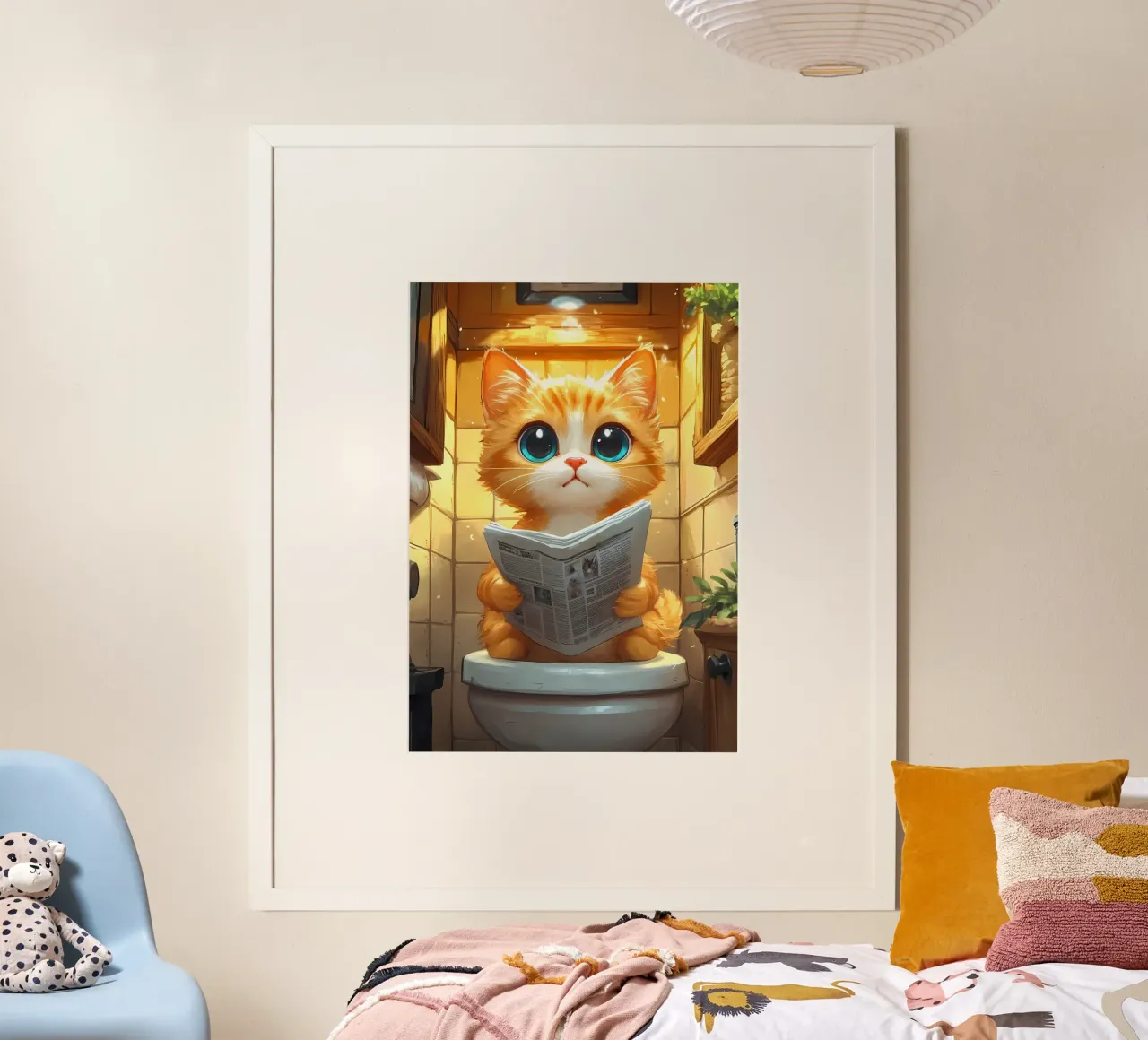 gatto bagno giornale piastrelle pelliccia arancione poster con telaio in legno da Ashish Kashyap