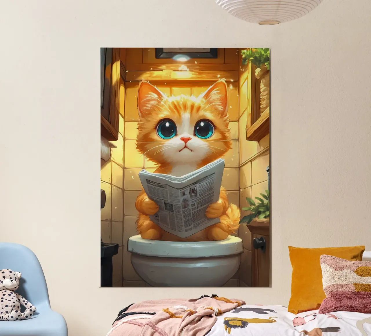 gatto bagno giornale piastrelle pelliccia arancione poster con telaio in legno da Ashish Kashyap