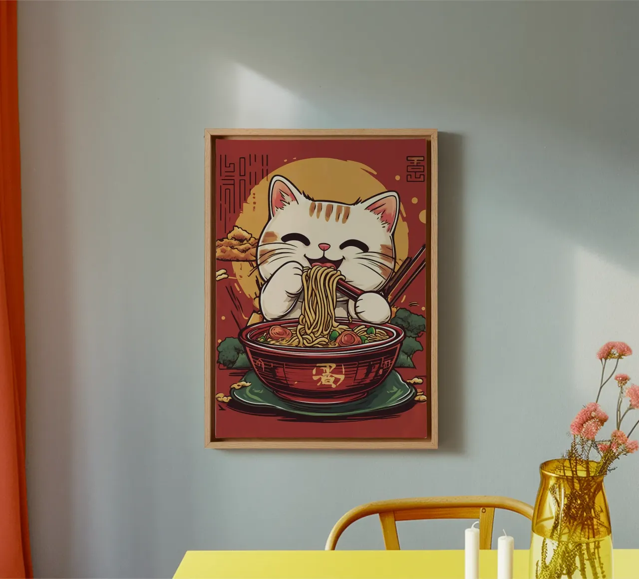 noodles kat eetstokjes kom fortuin kat zon damp canvas met Baklijst van Ashish Kashyap