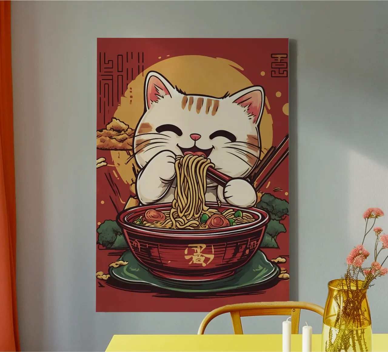 noodles kat eetstokjes kom fortuin kat zon damp canvas met Baklijst van Ashish Kashyap