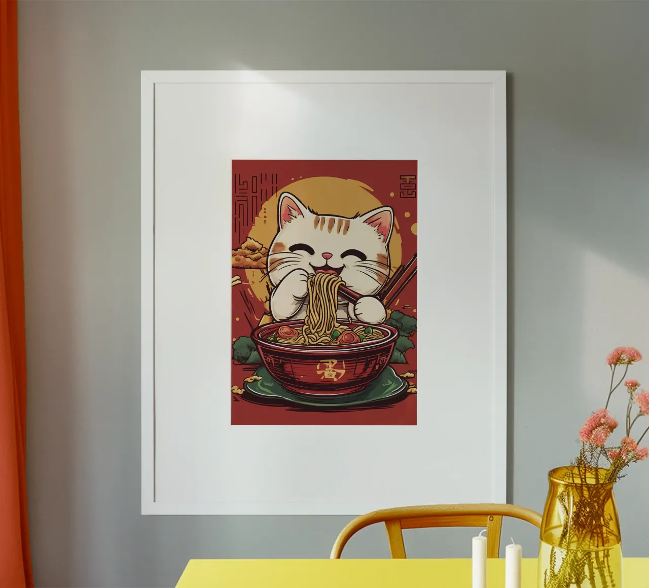 tagliatelle gatto bacchette ciotola fortuna gatto sole vapore poster con telaio in plastica da Ashish Kashyap