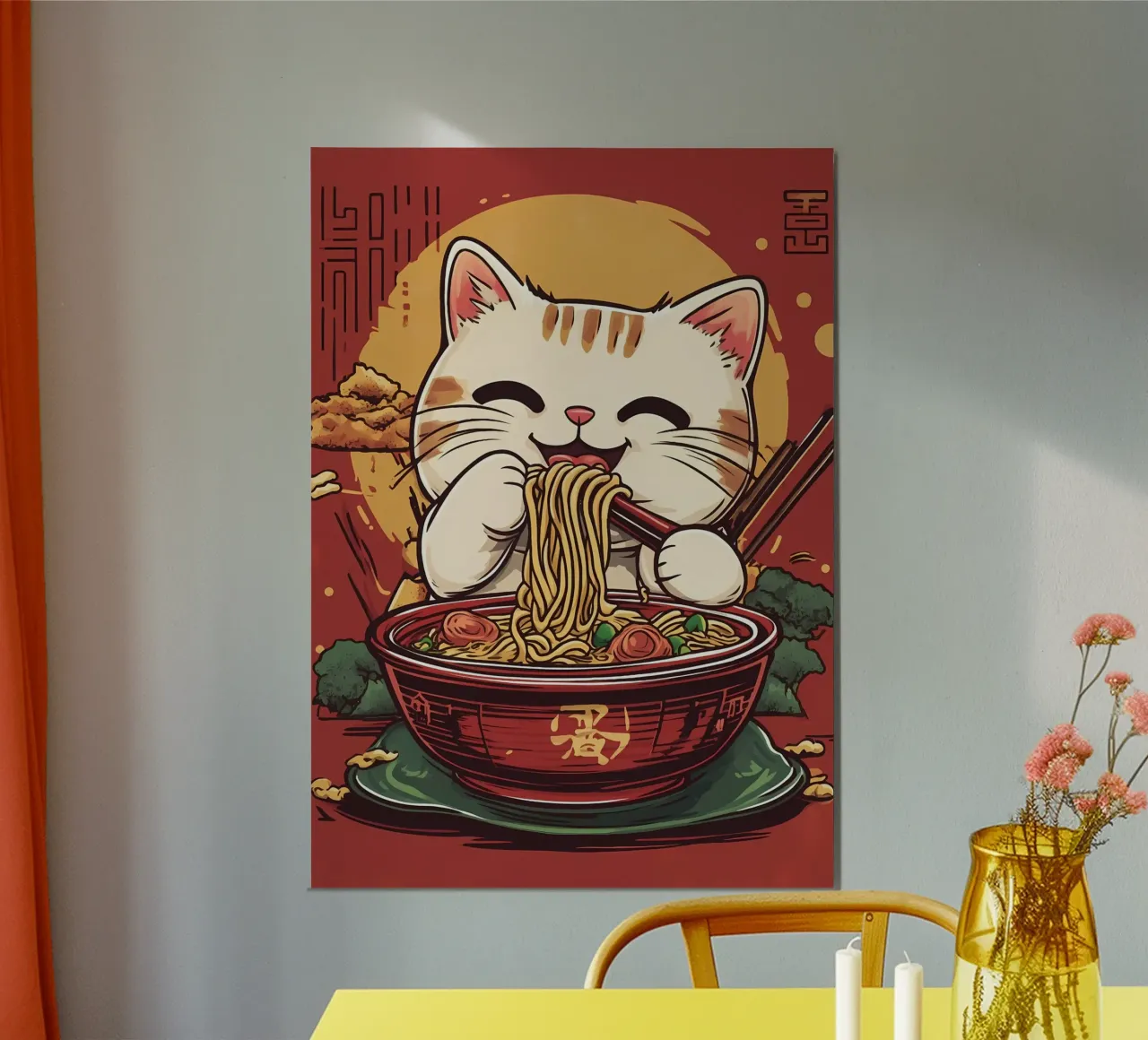 tagliatelle gatto bacchette ciotola fortuna gatto sole vapore poster con telaio in plastica da Ashish Kashyap