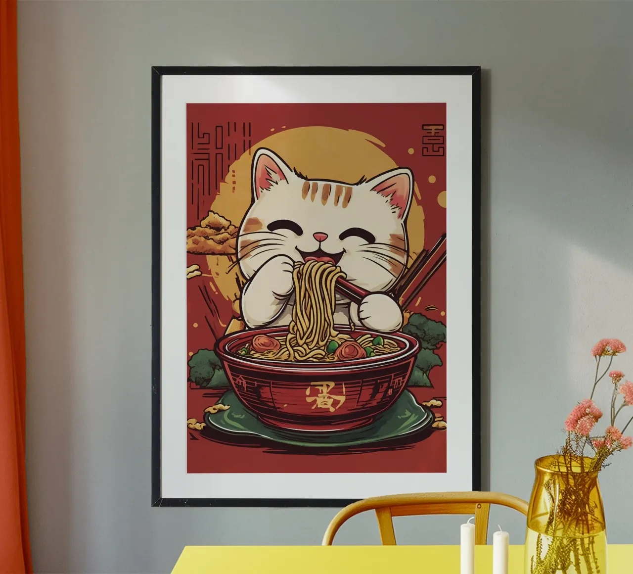 tagliatelle gatto bacchette ciotola fortuna gatto sole vapore poster con telaio in plastica da Ashish Kashyap