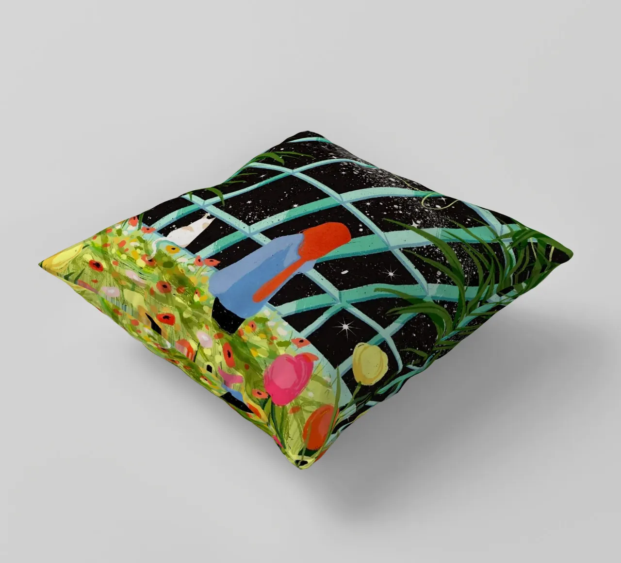 donna gatto fiori cuscino da John C Labut