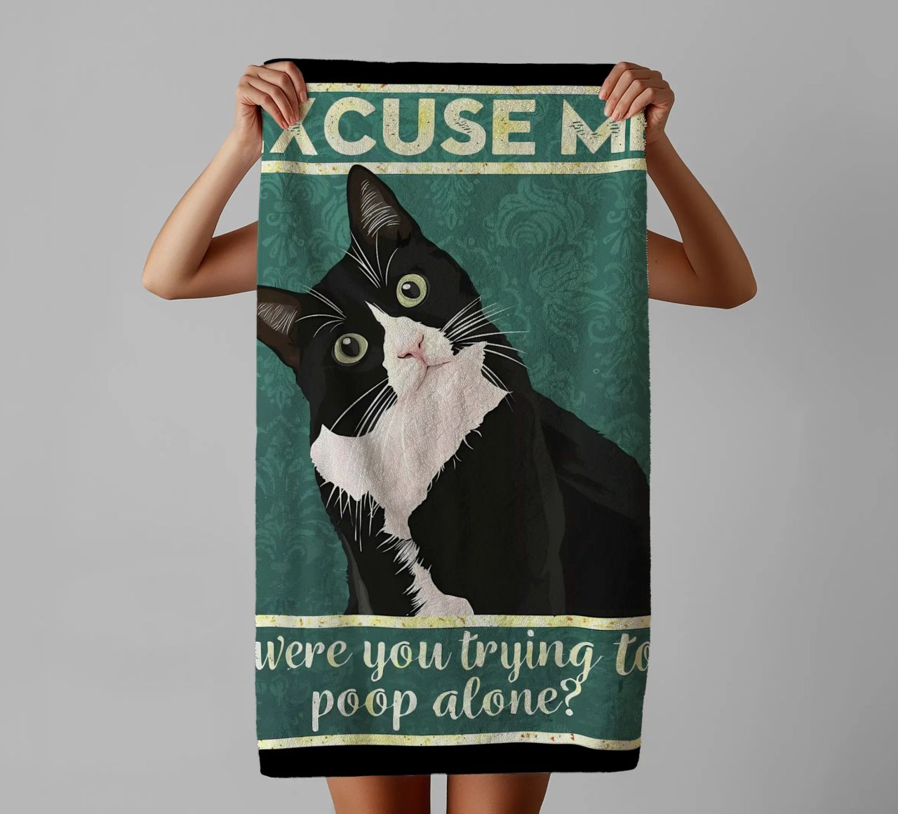 cat humor quote text eyes black and white cat whiskers towel by Daniel Medina