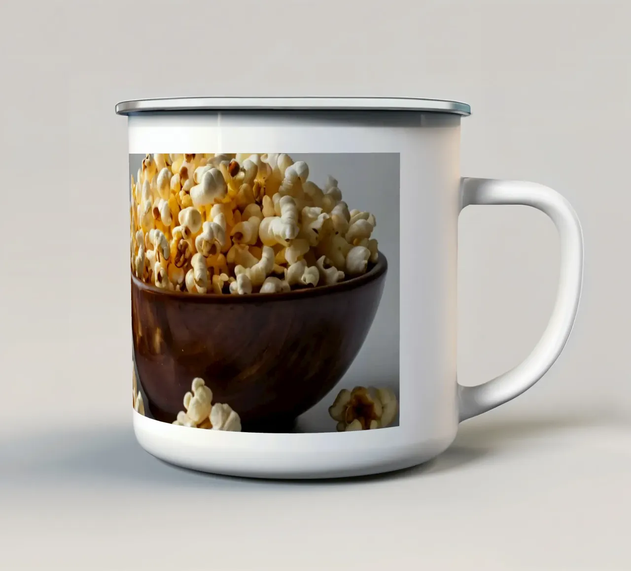 Popcorn appena sfornati serviti in ciotole di legno tazza in smalto da DesignDoodle