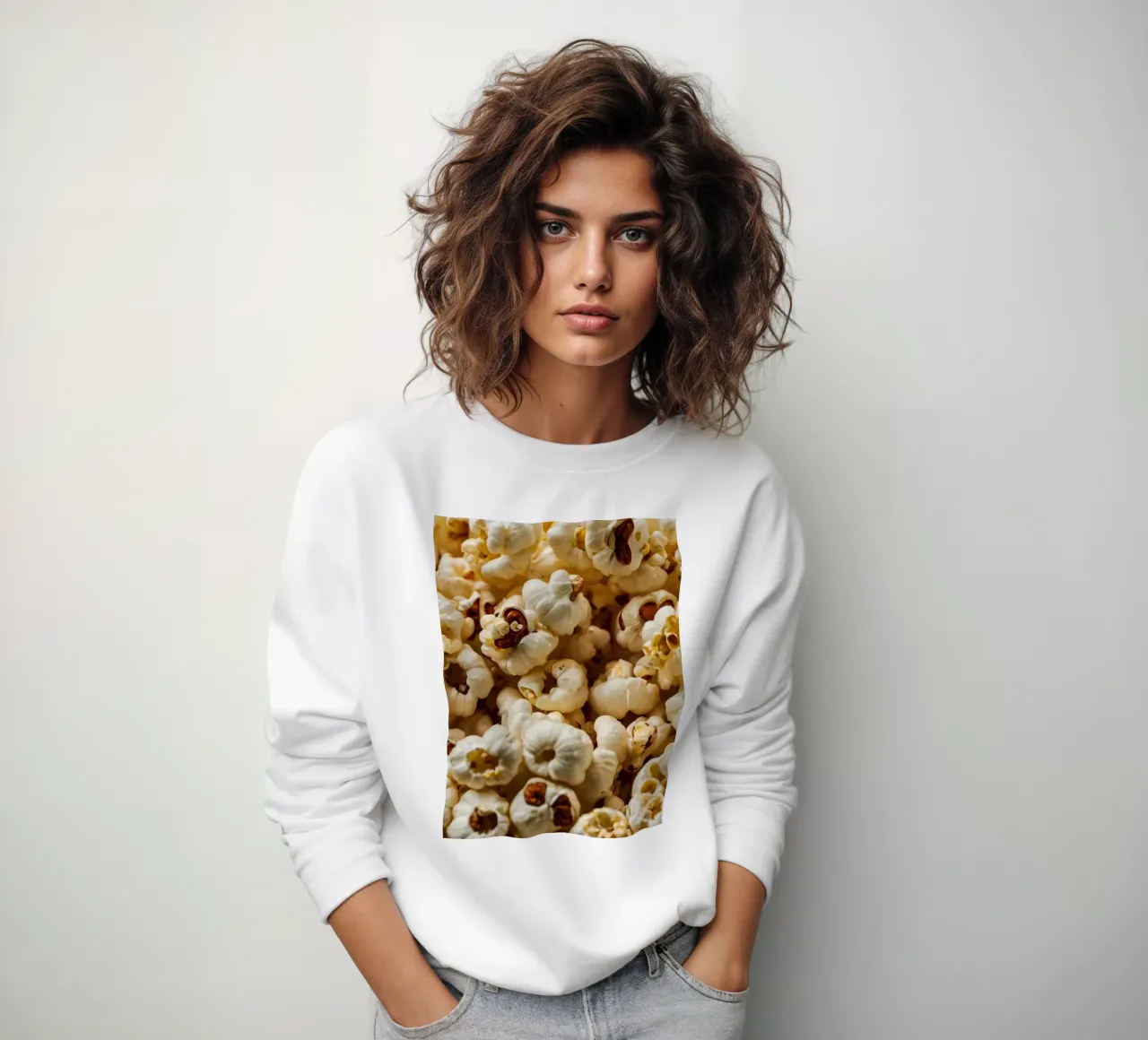 Plain popcorn kernels scattered in a bowl, ready for snackin sweatshirt by DesignDoodle