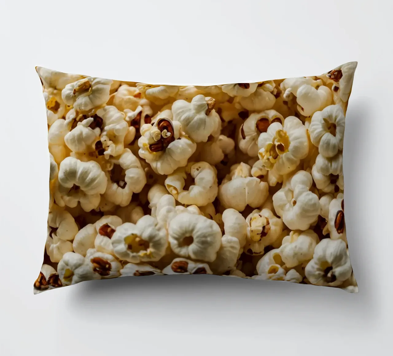 Plain popcorn kernels scattered in a bowl, ready for snackin decorative cushion by DesignDoodle