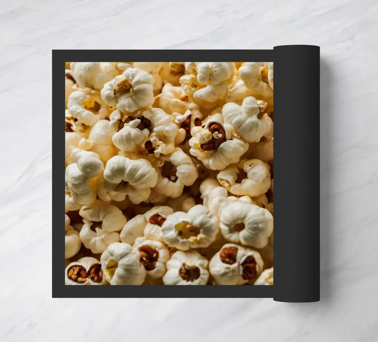 Plain popcorn kernels scattered in a bowl, ready for snackin doormat by DesignDoodle