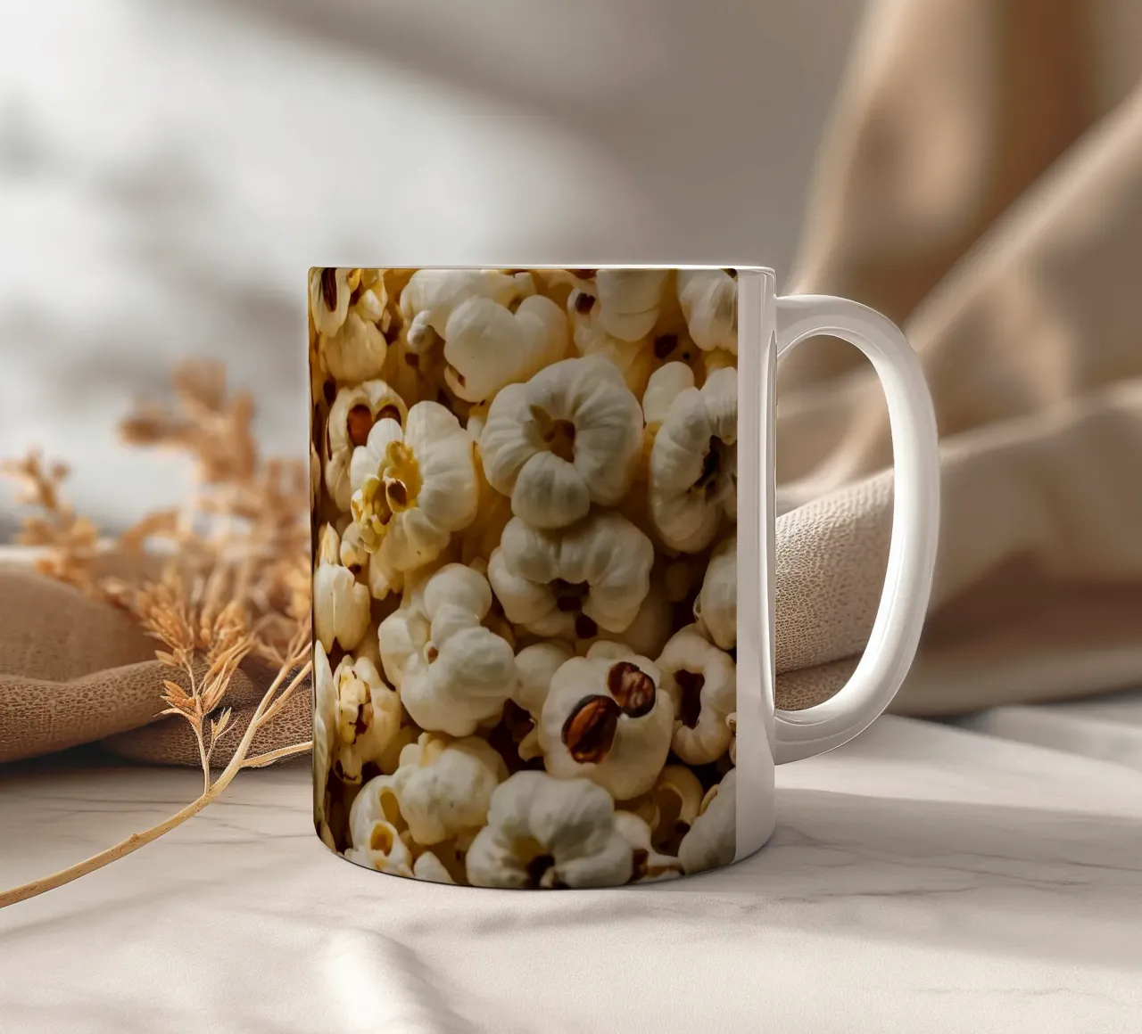 Plain popcorn kernels scattered in a bowl, ready for snackin ceramic mug by DesignDoodle