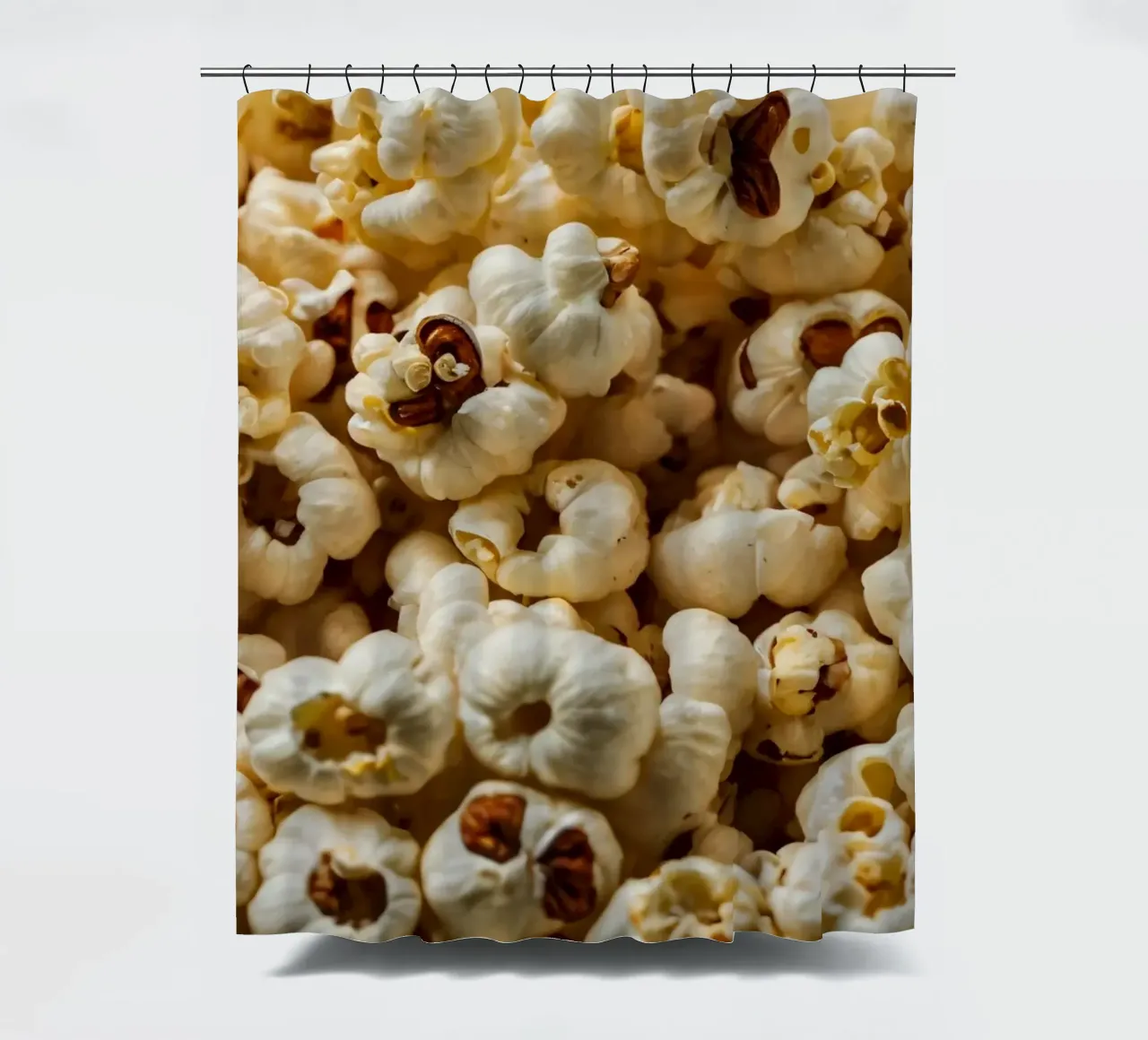 Plain popcorn kernels scattered in a bowl, ready for snackin shower curtain by DesignDoodle