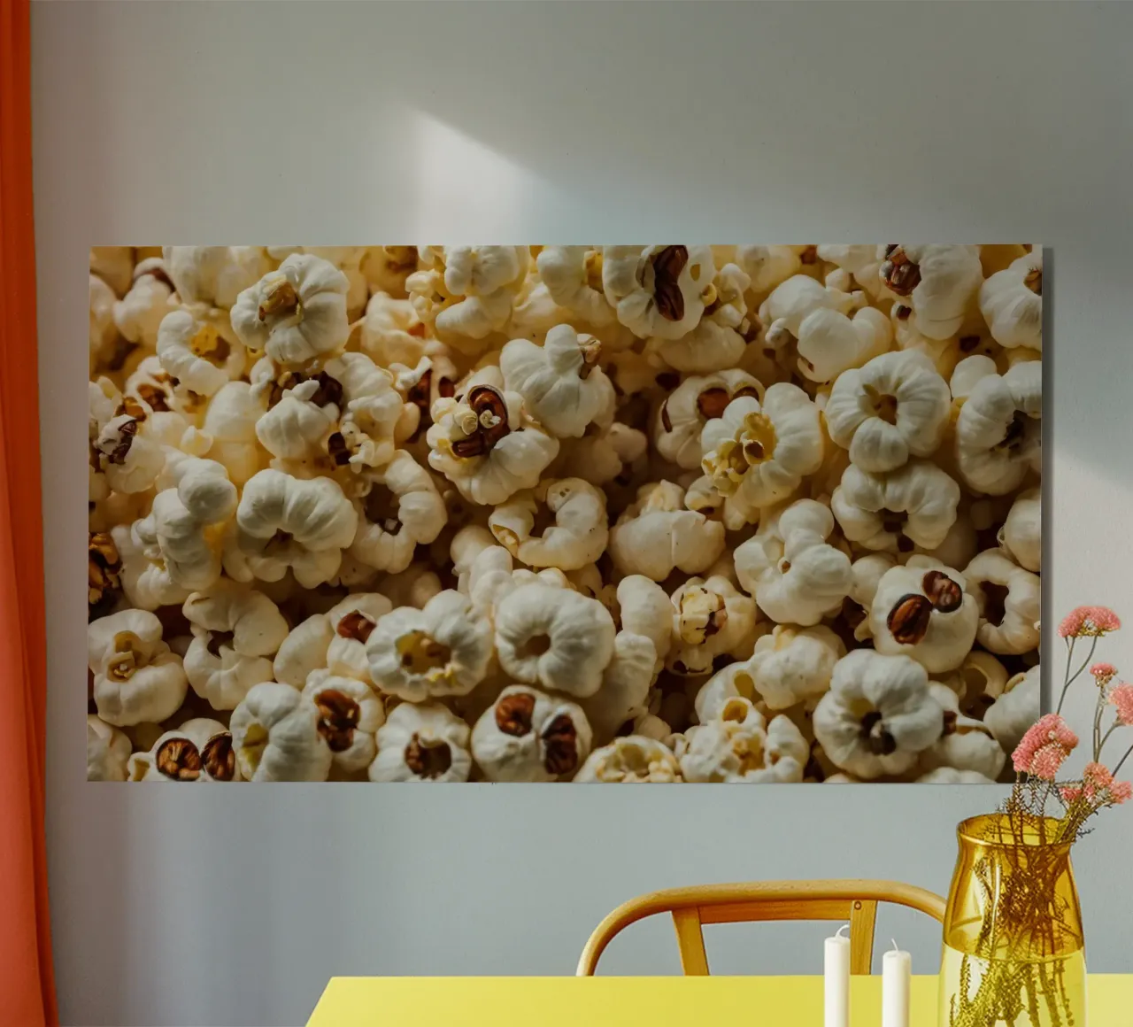 Plain popcorn kernels scattered in a bowl, ready for snackin alu-dibond by DesignDoodle