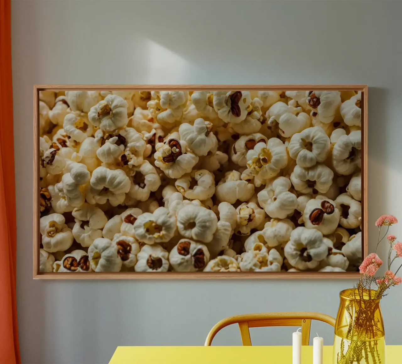 Plain popcorn kernels scattered in a bowl, ready for snackin canvas by DesignDoodle