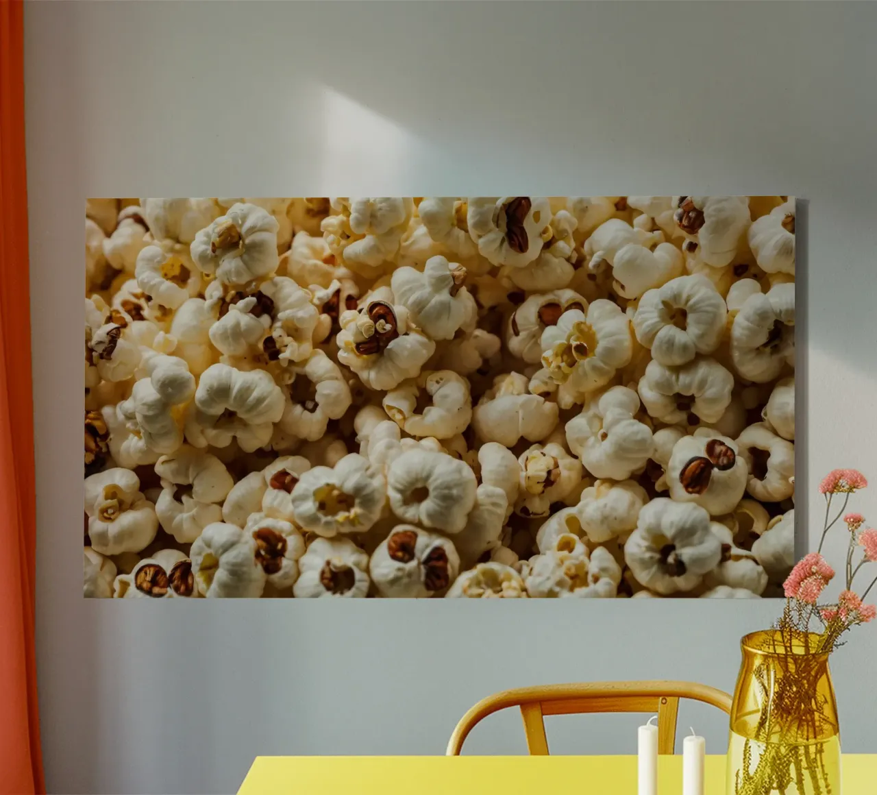 Plain popcorn kernels scattered in a bowl, ready for snackin canvas by DesignDoodle