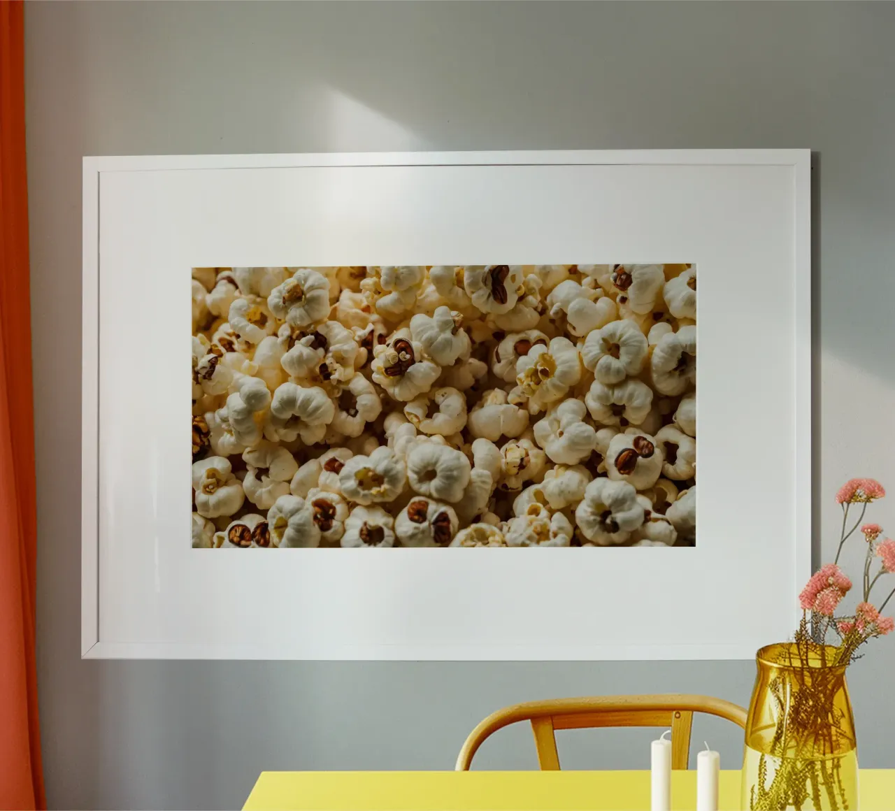 Plain popcorn kernels scattered in a bowl, ready for snackin hahnemühle by DesignDoodle