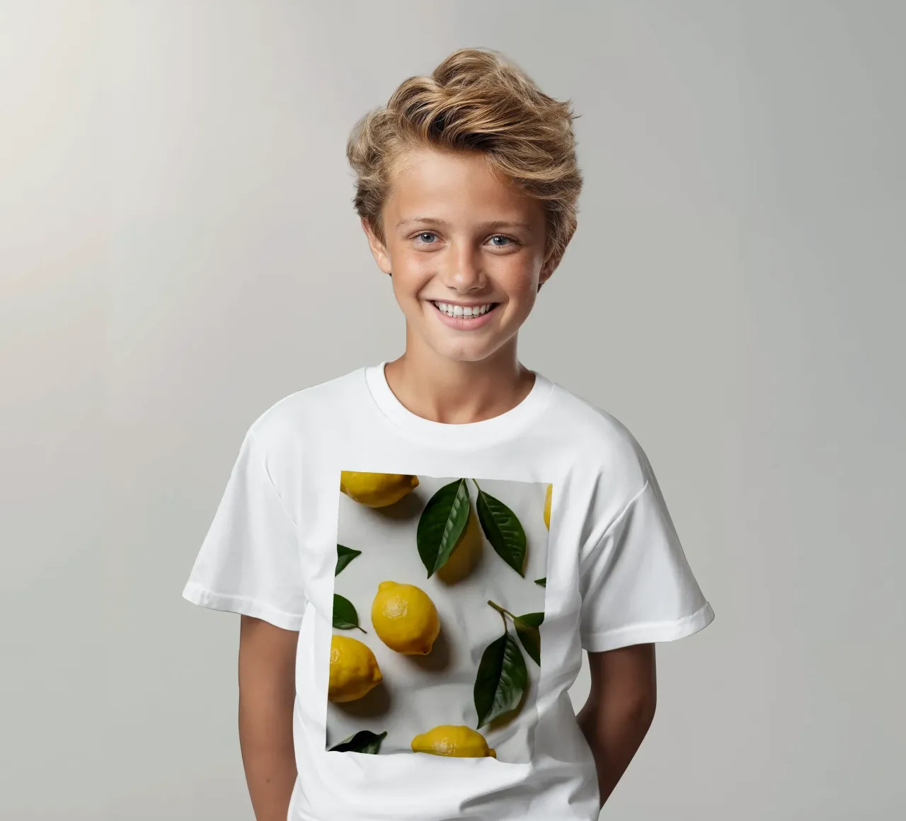 Freshly picked lemons with green leaves arranged artisticall kids t-shirt by DesignDoodle