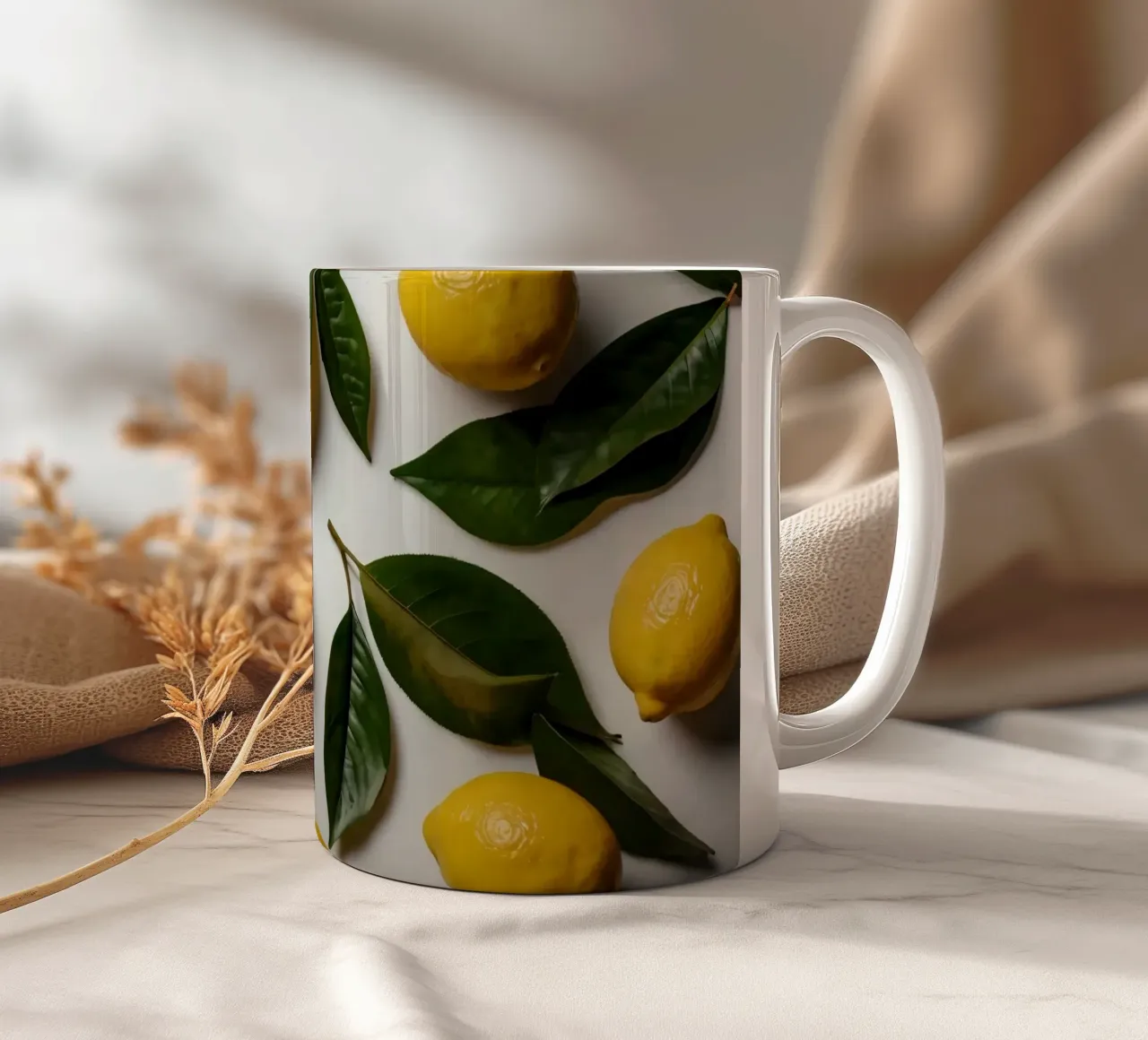 Limoni appena colti con foglie verdi disposti artisticamente. tazza in ceramica da DesignDoodle