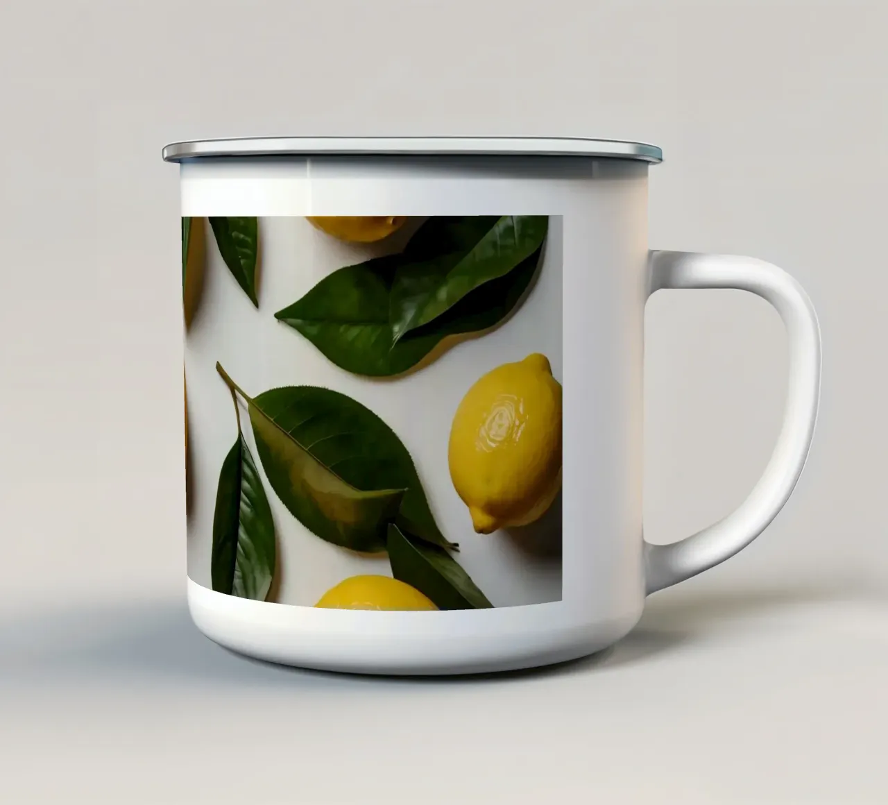 Limoni appena colti con foglie verdi disposti artisticamente. tazza in smalto da DesignDoodle